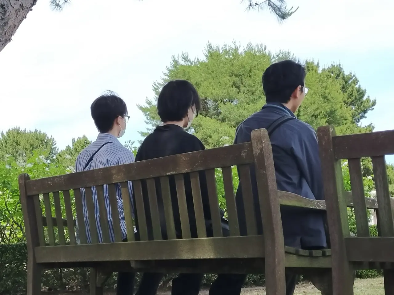 公園のベンチで撮影会の合間を過ごす参加者の後ろ姿
